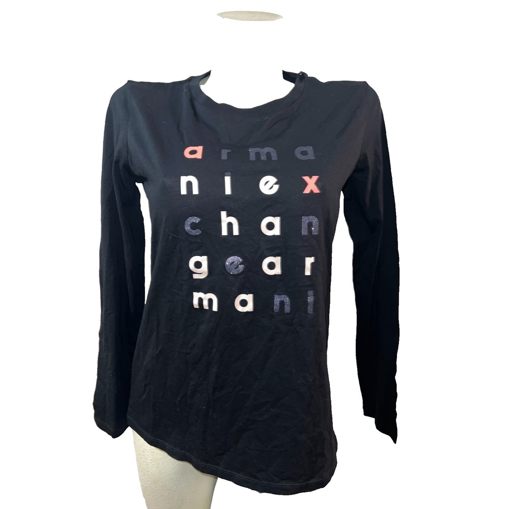 Armani Exchange Womens XL Black Graphic Long Sleeve Logo Tee Shirt 6ZYTAR YJA8Z